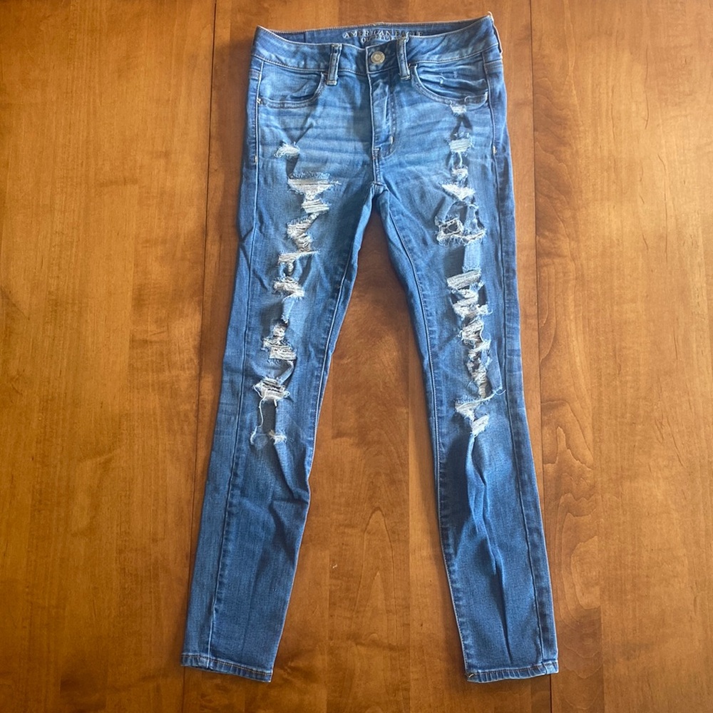American Eagle Outfitters High Waisted Ripped Blue Skinny Jeans